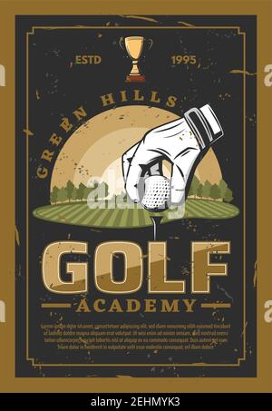 Golf academy. Hand in white glove put ball on grass, green hills on backdrop. Club champion league, professional golf championship leaflet. Club-and-b Stock Vector