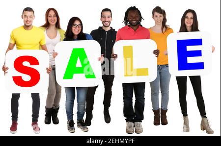 Sale shopping deal retail group of young people isolated on white Stock Photo