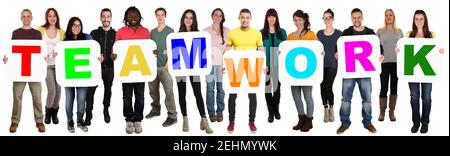Teamwork team work concept community group of young multi ethnic people isolated on white Stock Photo