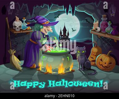 Danger witch with back cat brewing amanita mushroom potion in cauldron pot. Vector cartoon Happy Halloween, Trick or Treat night pumpkin skull, bats a Stock Vector