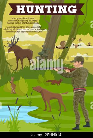 Hunting sport poster with mature hunter, wild animal and dog. Huntsman in military outfit with rifle, duck and moose, rabbit and marten, forest and la Stock Vector