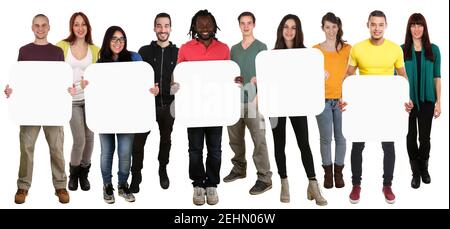 Copyspace copy space for five 5 letters or text group of young multi ethnic people isolated on white Stock Photo