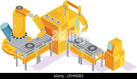 Grey yellow welding conveyor with robotic hands and computer control on white background isometric vector illustration Stock Vector