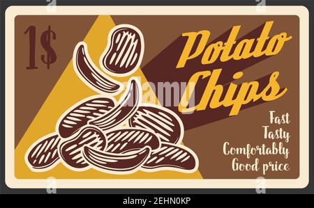 Fast food potato chips poster, restaurant or bistro snacks menu. Vector fried potato signboard, fastfood delivery or takeaway cafe Stock Vector