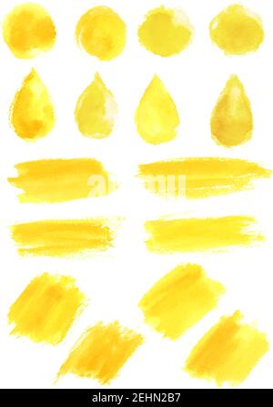 Yellow watercolor paint strokes, or watercolor paintbrush blobs and splashes. Vector abstract shape isolated stains icons in aquarelle paint brush dro Stock Vector