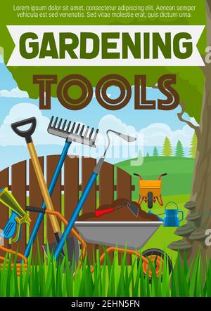Gardening tools agriculture or horticulture equipment poster. Shovel or spade, rake and water hose, watering can and wheelbarrow, forks and hoe on gra Stock Vector