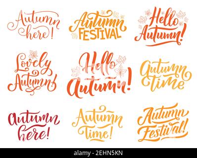 Hello Autumn hand lettering for fall season holiday and festival celebration. Calligraphy greeting wishes, decorated with orange and red falling leaf Stock Vector
