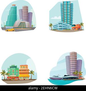 Miami cityscape 4 famous landmarks icons composition with beach resort area and towers isolated cartoon vector illustration Stock Vector