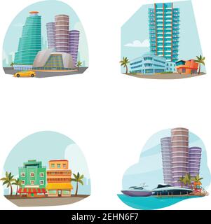 Miami cityscape 4 famous landmarks icons composition with beach resort area and towers isolated cartoon vector illustration Stock Vector