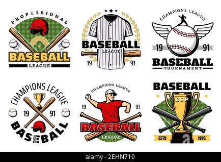 Baseball sporting heraldic symbols with crossed bats and balls, trophy cup and uniform, player and wings. Team game, sport items and prize on icons. P Stock Vector