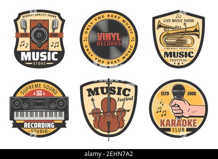 Music icons for musical instruments store, records label or festival and recoding studio or karaoke club. Vector microphone, speaker and vinyl disk or Stock Vector