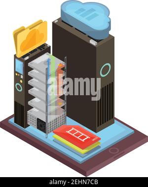 Cloud storage isometric design with video files and folder, server racks on mobile device screen vector illustration Stock Vector