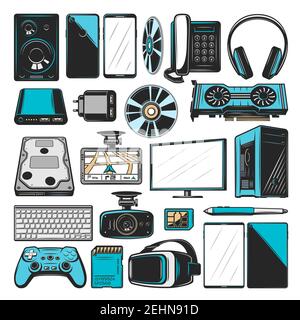Electronics, computers or multimedia and smart devices icons. Vector PC monitor or desktop computer with Hi-Fi audio loudspeaker, VR glasses and conso Stock Vector