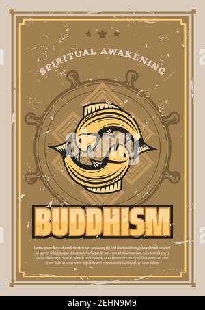 Buddhism religion retro poster of carp fishes in Yin Yang symbol. Vector vintage design of Japanese or Chinese Buddhist traditional goldfish or koi fi Stock Vector