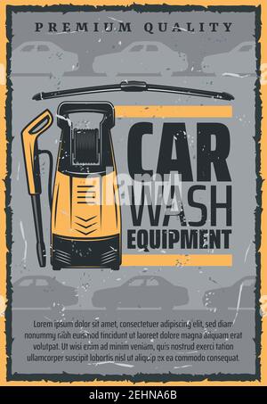 Car wash equipment advertisement, auto service station. Vector vacuum cleaner with glass scrape or washer, upholstery cleaning and premium vehicle gar Stock Vector