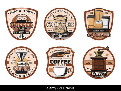 Coffee vector icons of cafe, shop labels, signboard, menu cards. Espresso and latte in paper cup, beans in sack and macchiato, turkish coffee maker an Stock Vector