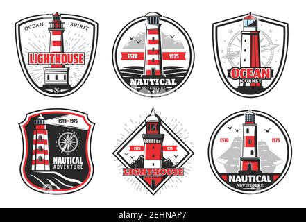 Nautical vector icons with lighthouses snd beacons. Vector beacons and ship or compass silhouettes, signal light tower in sea with red stripes on clif Stock Vector