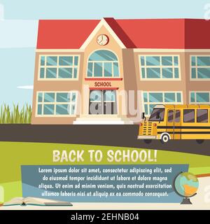 School colored orthogonal concept with back to school description and institution building vector illustration Stock Vector