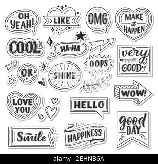 Quotes and sound blasts stickers. Vector sketch doodle icons, ribbons or arrows and banners or chat messages for Yeah, smile or hello and happiness gr Stock Vector