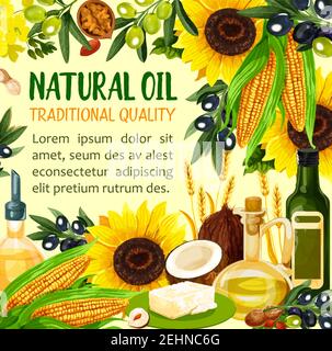 Natural oil made of sunflower seeds, olive and corn, coconut and wheat spikes, peanut. Virgin oil used in cosmetics and pharmaceuticals, frying food a Stock Vector