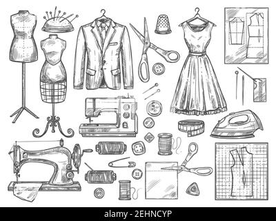 Tailor or dressmaker work and fashion designer atelier sketch items. Vector sewing machine or seamstress pattern cut and dress fitting dummy mannequin Stock Vector