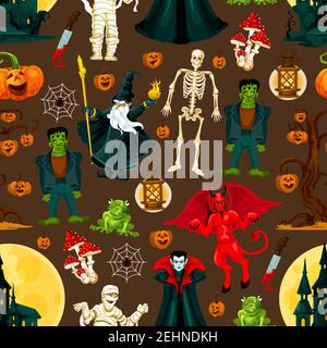 Halloween horror holiday seamless pattern background with scary monsters. October pumpkin lantern, skeleton and spider net, ghost haunted house, moon Stock Vector