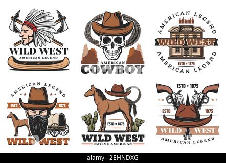 Wild West icons with cowboy in hats and skull, guns and pistols, Injun with feathers on head and horse, carriage and saloon. Western retro symbols of Stock Vector