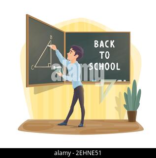 Pupil in classroom study geometry with mathematics formula on blackboard. College or school boy in class with book, ruler and chalk for Back to School Stock Vector