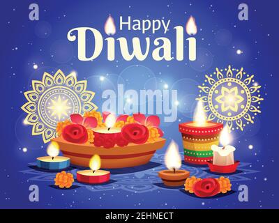 Realistic sparkling blue background with different objects for celebrating indian diwali holiday vector illustration Stock Vector