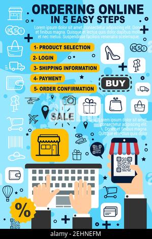 Ordering online service line art poster with keyboard and smartphone. Outline icons of stiletto shoe and gift boxes. Product selection and login, ship Stock Vector