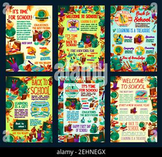 Welcome Back to School posters design template for education science lessons. Vector school bag and stationery, notebook or pen and pencil, calculator Stock Vector