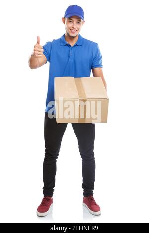 Young man parcel delivery service box package order delivering success successful full body portrait isolated on a white background Stock Photo