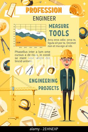Engineer or builder professiont. Civil construction engineer in hard hat with architectural drawings, rules, tape measure, compasses and tower crane. Stock Vector