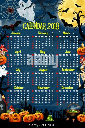 Halloween calendar with horror holiday pumpkin and ghost. 2018 year calendar template, framed with Halloween lantern, bat and moon, spider net, cemete Stock Vector