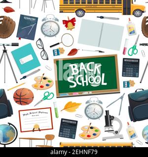 Back to school seamless pattern of stationery supplies for education. Chalkboard and notebook, alarm clock and basketball, backpack and palette, glass Stock Vector