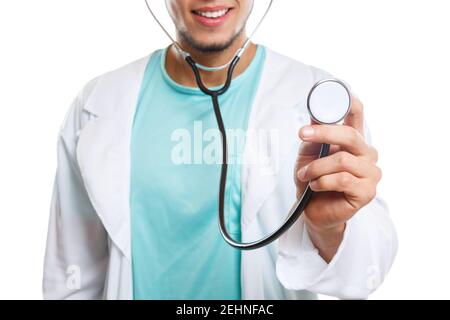 Doctor with stethoscope heart breathing checkup check illness disease symbol picture isolated on a white background Stock Photo