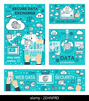 Online protection and secure data exchange in internet. Vector web cloud storage technology, user privacy and encryption in computer and smartphone ne Stock Vector