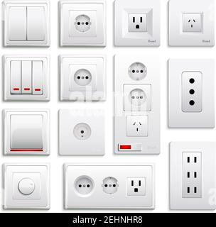 Set of realistic switches and sockets of various type isolated on white background 3d vector illustration Stock Vector