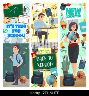 Student and teacher with education supplies and class items banners of New School Year celebration. Book, pencil and pen, blackboard, ruler and globe, Stock Vector