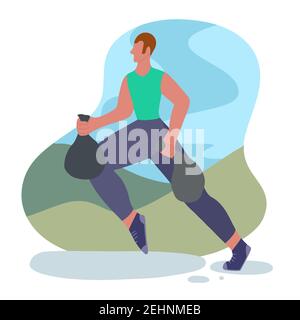 Plogging. Environmental movement. Healthy lifestyle. Man jogging with a garbage bag in park. Physical activity and care for the environment. Maintaini Stock Vector