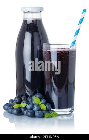 Blueberry smoothie fruit juice drink blueberries glass and bottle isolated on a white background Stock Photo
