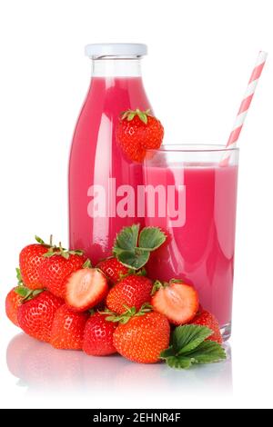 Strawberry smoothie fruit juice drink strawberries glass and bottle isolated on a white background Stock Photo