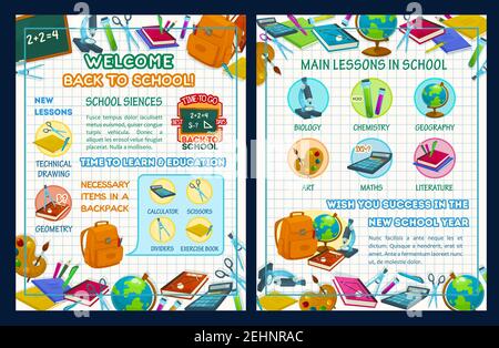 Back to school poster template with school supplies and science infographic. Maths, chemistry, biology and geography study items with book, pencil and Stock Vector