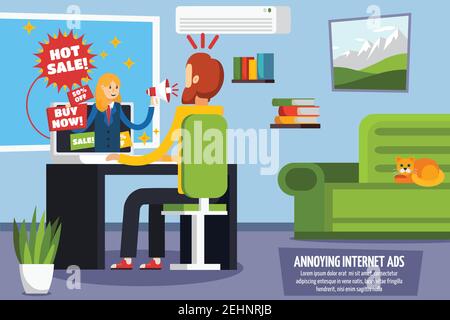 Colored annoying intrusive advertisement orthogonal composition with hot sale buy now sale ads in internet vector illustration Stock Vector