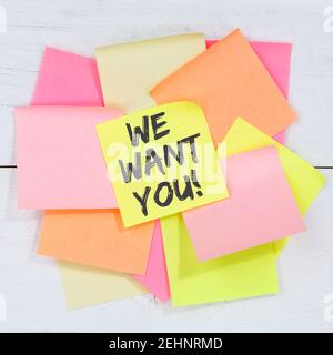 We want you jobs, job working recruitment employees business concept desk note paper notepaper Stock Photo