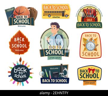 Back to School posters or icons for autumn education season promo sale store design. Vector college student boy with school bag and stationery or less Stock Vector