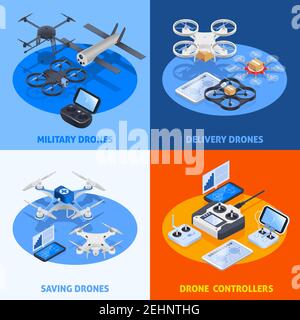Isometric compositions with military unmanned aircrafts, drones for delivery and rescue, uav controllers isolated vector illustration Stock Vector