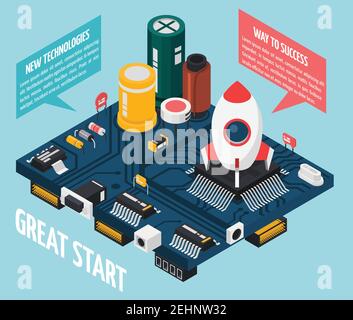 Colored semiconductor electronic components isometric rocket launch pad concept with great start way to success and new technologies descriptions vect Stock Vector