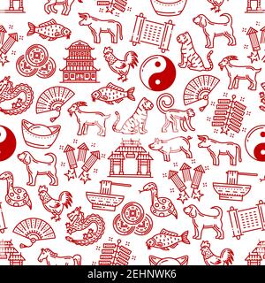 Chinese symbols pattern background of traditional celebration and lunar zodiac animal signs. Vector seamless Chinese New Year dragon fireworks, coins Stock Vector