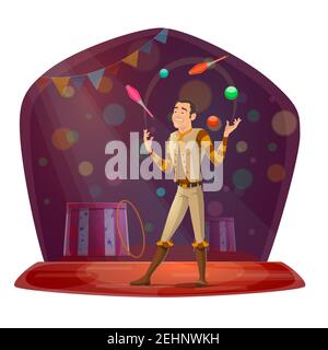 Juggler on circus arena throwing balls and skittles dressed in stage costume. Man showing tricks in front of audience, performance for entertainment o Stock Vector